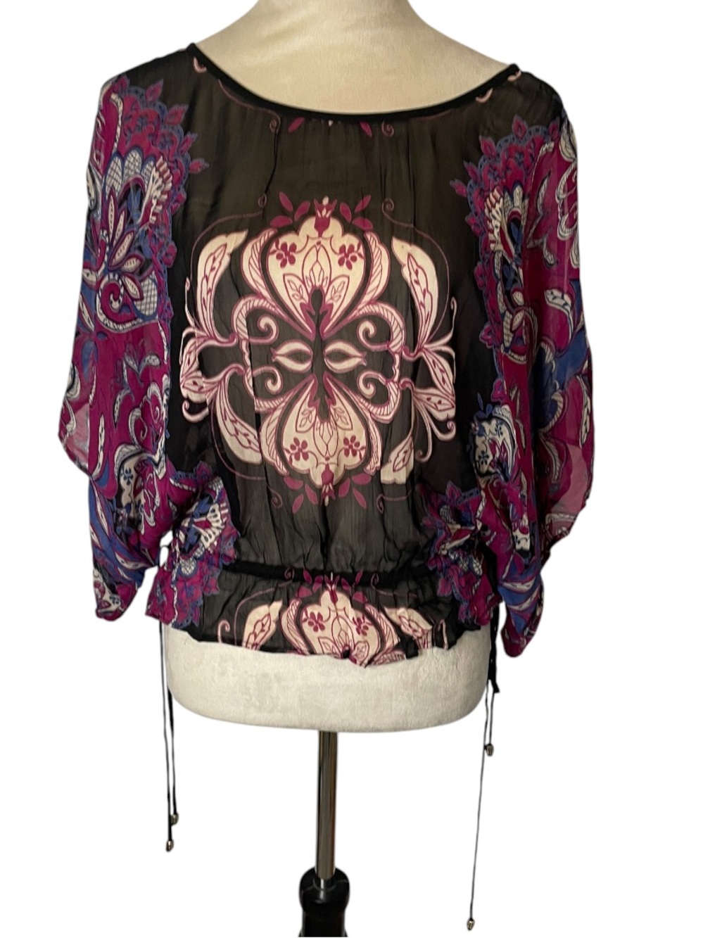 Y2K ANGIE Smocked Paisley Sheer Blouse Dolman Sleeve S
